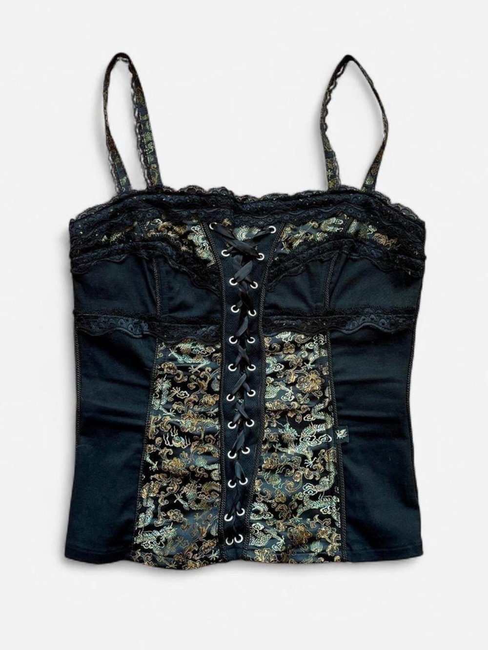 Vintage Y2K Tripp NYC Black Lace-Up Brocade Corset Tank Top M